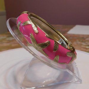 Sequin Silver Tone Hot Pink Starfish Hinged Enamel Bracelet - New